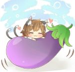  1girl animal_ears bow brown_hair cat_ears cat_tail chen closed_eyes earrings eggplant heart ibarashiro_natou jewelry multiple_tails no_hat short_hair smile solo tail touhou 