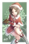  1girl brown_hair christmas d-style_wed food gloves hair_ornament hairclip hat kantai_collection kneehighs kuroshio_(kantai_collection) light_brown_eyes looking_at_viewer open_mouth plate red_gloves santa_costume santa_hat solo striped striped_legwear twitter_username 