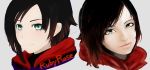  1girl asymmetrical_hair blue_eyes brown_hair bust character_name looking_at_viewer multicolored_hair realistic ruby_rose rwby short_hair smile solo 