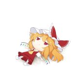  1girl ascot beni_shake blonde_hair chibi flandre_scarlet lying mob_cap orange_eyes outstretched_arms simple_background solo spread_arms touhou white_background wings 