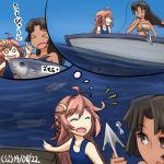  &gt;o&lt; 2girls :d :o ahoge boat brown_eyes brown_hair closed_eyes crescent_hair_ornament dated fish hair_ornament hair_ribbon hamu_koutarou harpoon kantai_collection long_hair low-tied_long_hair multiple_girls o_o open_mouth pink_hair ribbon sarashi school_swimsuit shouhou_(kantai_collection) smile swimsuit tan thought_bubble torpedo translation_request uzuki_(kantai_collection) water 