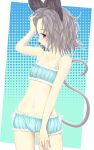 1girl animal_ears bare_arms bare_shoulders bloomers blue_bra blush bra collarbone grey_hair halftone halftone_background hand_in_hair ishikkoro looking_at_viewer mouse_ears mouse_tail navel nazrin no_pants no_shirt red_eyes solo tail touhou underwear underwear_only 