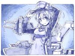  1girl anchor_hair_ornament gloves hat kantai_collection long_hair looking_at_viewer machinery monochrome peaked_cap prinz_eugen_(kantai_collection) sakino_shingetsu sketch smile solo turret twintails 