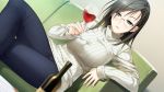  1girl alcohol black_eyes black_hair blush bottle breasts game_cg glasses huge_breasts legs_crossed long_hair looking_at_viewer sitting smile solo sweater thighs wine 