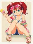  bikini brown_hair cellphone flat_chest green_eyes jacket knees_together_feet_apart licking_lips long_hair magazine off_shoulder om_(artist) phone popsicle reading ribbon sandals saru_getchu sayaka_(saru_getchu) shorts sitting smartphone smile sunglasses swimsuit swimsuit_under_clothes toes tongue twintails unzipped 
