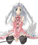  anzu_(onelelee) braid detached_sleeves magical_x_miracle merleawe silver_hair sitting skirt staff thigh-highs thighhighs twin_braids 
