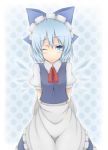  alternate_costume apron arms_behind arms_behind_back blue_eyes blue_hair bow cirno enmaided hair_bow maid maid_headdress smile solo touhou tray wink 