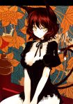  absurdres adult animal_ears bad_id blush breasts brown_hair cat_ears cat_tail chen cleavage fang highres large_breasts multiple_tails no_bra ribbon short_dress short_hair slit_pupils smile solo tail takaharu touhou yellow_eyes 