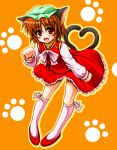  brown_hair cat_ears cat_tail chen fang hat heart heart_tail kneehighs multiple_tails nagana_sayui paw_pose red_eyes short_hair socks tail touhou 