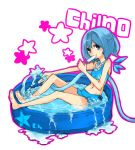  blackcafecake blue_eyes blue_hair bow cirno feet feet_in_water hair_bow mouth_hold short_hair skirt_bikini soaking_feet swimsuit tankini touhou water wings 