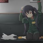  cat couch fang highres k-on! kneeling long_hair maazyu nakano_azusa red_eyes socks solo stretch tears twintails 