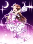  1girl :d armpits bare_shoulders boots bow brown_hair city crescent_moon dress flower frills gloves hair_flower hair_ornament high_heels idolmaster long_hair microphone minase_iori moon night open_mouth pointing red_eyes shoes smile solo thigh-highs tkhs vertical-striped_legwear vertical_stripes wire 