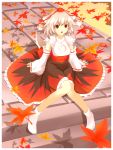  autumn chus detached_sleeves fang hat highres inubashiri_momiji leaf leaves maple_leaf red_eyes short_hair silver_hair sitting tail tokin_hat touhou wolf_ears wolf_tail 