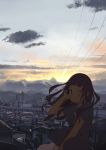  building city cloud clouds jitsu_hidari landscape long_hair mountain power_lines silhouette sky smile solo sun sunset twilight wink 