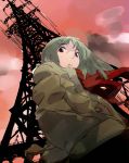  from_below green_hair hands_in_pockets keisan original power_lines red_eyes red_sky scarf solo 