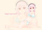  1girl bikini breasts cleavage headphones highres large_breasts long_hair looking_at_viewer navel nitroplus open_mouth pink_hair red_eyes smile solo super_sonico swimsuit zoom_layer 