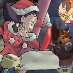  data_(rockman_dash) green_eyes kin_niku kobun lowres open_mouth pantyhose pinky_out rock_volnutt rockman rockman_dash roll_caskett santa_costume tron_bonne 