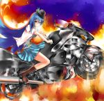  demonk food fruit hat highres hinanawi_tenshi long_hair motor_vehicle motorcycle peach red_eyes sword sword_of_hisou touhou vehicle weapon 