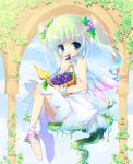  aqua_hair bad_id basket bird dress food food_as_clothes food_themed_clothes fruit grapes hair_ornament original panties pantyshot pantyshot_sitting sakurano_miya sitting striped striped_panties twintails underwear 