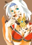  animal_ears blue_eyes breasts cat_ears chocolate cleavage commentary final_fantasy final_fantasy_xi headband licking midriff mithra short_hair sitiseisubaru solo tail translation_request white_hair 