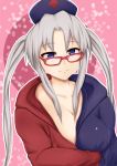  breasts cleavage glasses grey_hair hat highres large_breasts silver_hair solo teapo_(pixiv81696) tipo_(tipoplaza) touhou twintails yagokoro_eirin 