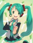  detached_sleeves green_eyes green_hair hand_on_own_chest hand_over_heart hands hatsune_miku headphones long_hair masao necktie open_mouth solo twintails vocaloid 