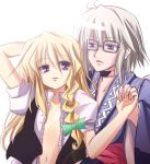  1boy 1girl blonde_hair blue_eyes couple flat_chest glasses hetero kirisame_marisa morichika_rinnosuke open_clothes open_shirt purple_eyes sen_(astronomy) shirt silver_hair touhou violet_eyes 