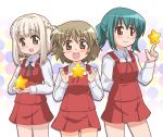  brown_eyes brown_hair green_hair hidamari_sketch ki_(adotadot) nazuna nazuna_(hidamari_sketch) nori nori_(hidamari_sketch) payot ponytail school_uniform short_hair skirt smile star yuno 