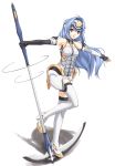  blue_hair getsumen highres kos-mos legs long_hair namco red_eyes scythe solo thighhighs xenosaga xenosaga_episode_i 