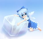  blue_eyes blue_hair bow cirno fang ice_cube manahui open_mouth short_hair touhou wings 