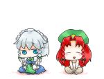  :d apron blue_eyes braid chibi closed_eyes hat hong_meiling izayoi_sakuya maid maid_headdress needle nuime numie open_mouth red_hair sewing silver_hair smile star tank_top thread touhou twin_braids waist_apron 