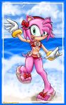  amy_rose beach bikini clouds flip-flops furry ocean outside running sand sky sonic_the_hedgehog swimsuit toes 