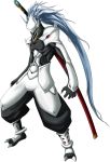 blazblue blue_hair boots claws hakumen highres horns huge_weapon long_hair male mask mori_toshimichi muscle nodachi official_art pose sheath sheathed simple_background skin_tight solo spiked_hair spikes standing sword very_long_hair weapon 