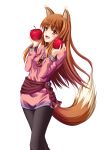  apple brown_hair food fruit holo long_hair red_eyes spice_and_wolf tail tomifumi wolf_ears 