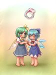  barefoot blue_eyes blue_hair blush bow chibi cirno daiyousei flower green_hair ice jewelry multiple_girls ring sankuma short_hair side_ponytail touhou wings 