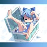  barefoot blue_eyes blue_hair bow cirno eating feet hair_bow ham_(points) ice popsicle solo touhou water wink 