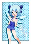  blue_hair bow child cirno hair_bow no_nose one-piece_swimsuit open_mouth polka_dot polka_dot_background school_swimsuit short_hair smile swimsuit touhou tsume_(artist) wings 