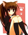  brown_hair cat_ears little_busters! little_busters!! long_hair natsume_rin paw_print pokopi ponytail red_eyes school_uniform 