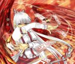  bow fiery_wings fire frown fujiwara_no_mokou glaring hair_bow hair_ribbon hands long_hair ofuda outstretched_hand red_eyes ribbon silver_hair suspenders touhou wings 