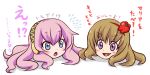  brown_hair crossover fang hair_ornament megurine_luka mishiyomi_kadumi mishiyomi_kazumi no_humans parody pink_hair purple_eyes surprised takoluka translated umineko_no_naku_koro_ni ushiromiya_maria violet_eyes vocaloid 