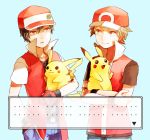  2boys bad_id baseball_cap black_hair brown_eyes brown_hair cap crossed_arms dada_(dolce) dialogue_box dual_persona fingerless_gloves gloves hat jacket jeans multiple_boys open_mouth pikachu pokemon pokemon_(creature) pokemon_(game) popped_collar red_(pokemon) red_(pokemon)_(remake) red_eyes short_hair simple_background smile translation_request 