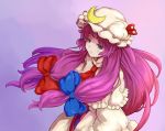  bow hair_bow hair_ribbon hat large_bow long_hair patchouli_knowledge purple_hair ribbon shiba_murashouji touhou 