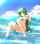  bikini breasts cloud front-tie_top green_eyes green_hair long_hair mitsuki_(shuffle971) original pointy_ears side-tie_bikini sky submerged sun swimsuit underboob 