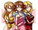  3girls angel_omachi blonde_hair breast_hold breasts brown_hair cleavage crossover earrings g_gundam ginga_senpuu_braiger gundam hairband hand_on_hip j9_series jewelry long_hair multiple_girls purple_eyes rain_mikamura remy_shimada sengoku_majin_goshogun shirakawa_(whitemist) super_robot_wars super_robot_wars_neo uniform violet_eyes wink 