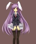  animal_ears bad_id blazer bullet bunny_ears highres holding long_hair necktie oversized_object purple_hair rabbit_ears red_eyes reisen_udongein_inaba simple_background smile standing thigh-highs thighhighs touhou zettai_ryouiki 