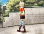  :p animal_ears boots building fence hands_in_pockets jacket looking_at_viewer outside solo striped_thighhighs thigh-highs tongue tongue_out walking white_hair 