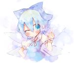  bad_id blue_eyes blue_hair blush bow cirno hair_bow hand_on_hip pointing rowtan smile solo touhou wings wink wrist_cuffs 
