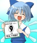  blue_hair calendar_(object) cirno closed_eyes open_mouth solo touhou ⑨ 