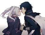  1boy 1girl blue_hair blush cape closed_eyes fire_emblem fire_emblem:_kakusei fukune gloves holding_arm hood incoming_kiss krom long_hair my_unit robe short_hair twintails white_hair 