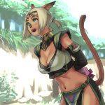 arms_behind arms_behind_back blonde_hair blue_eyes breasts cat_ears cat_tail cleavage commentary final_fantasy final_fantasy_xi gift headband holding holding_gift midriff mithra navel open_mouth ponytail quot short_hair solo tail translation_request 